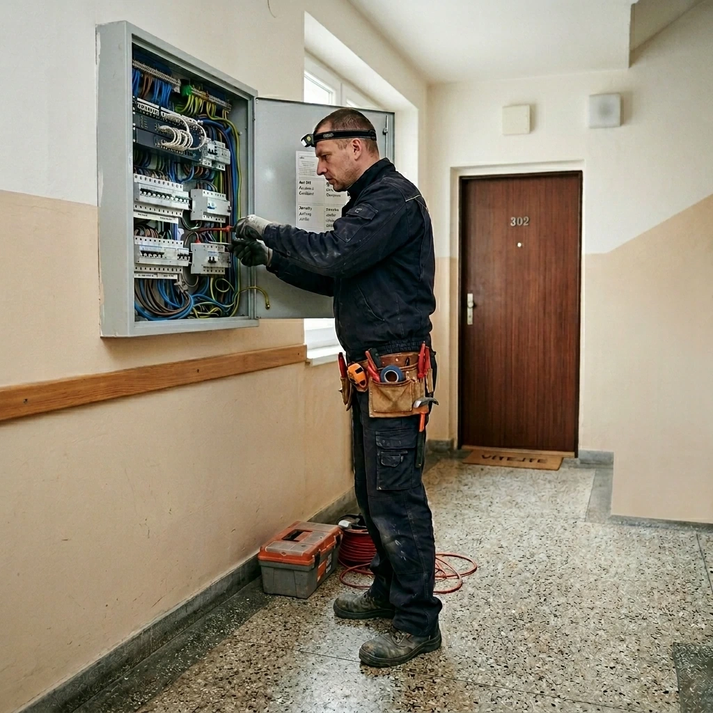 Elektrikář v pracovním oděvu opravuje rozvodnou skříň na chodbě budovy. Používá nářadí a má na sobě čelovku.