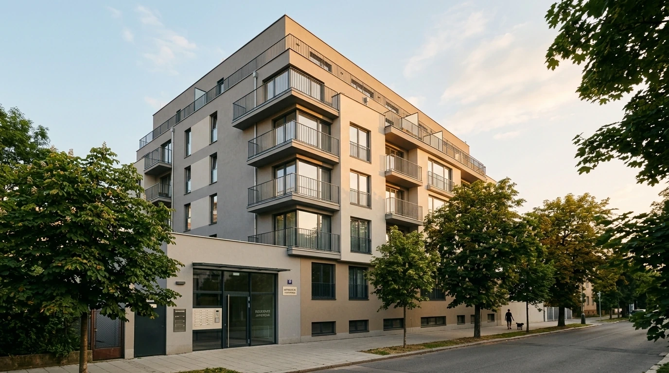 Moderní bytový dům s balkony a zelenými stromy na ulici v podvečerním světle. Architektonická elegance a městské bydlení.