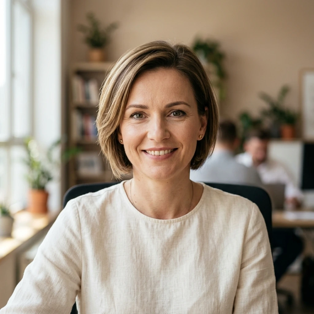 Žena s krátkými vlasy sedící u stolu v moderní kanceláři s rostlinami