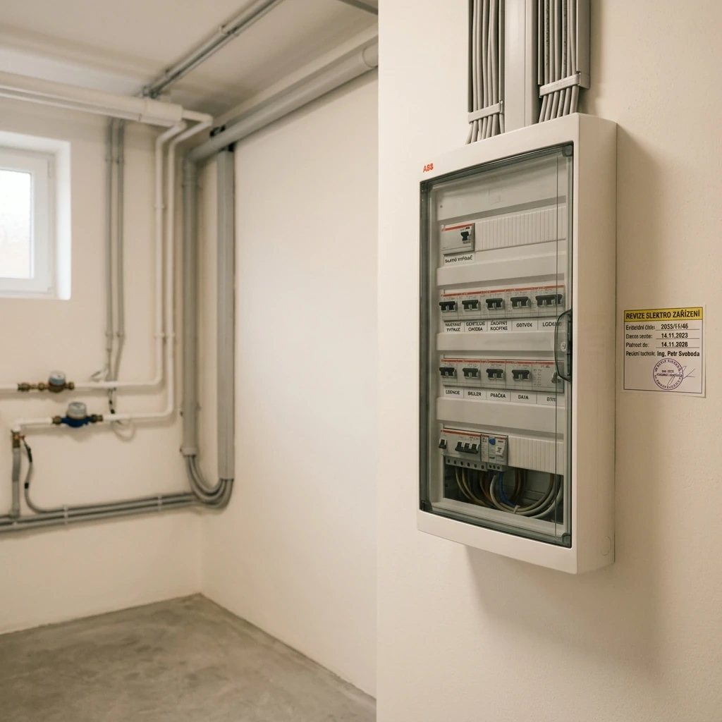 Detail elektrické rozvodné skříně ABB v bytové technické místnosti s revizním štítkem na zdi